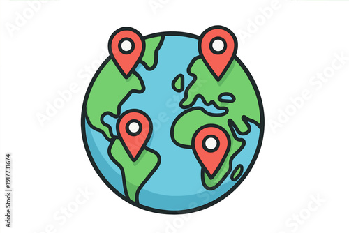 A stylized graphic shows a blue and green globe of the world with four red map pointer icons indicating various locations across the continents on a black backdrop.