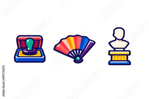 A collection of three colorful vector icons featuring a rubber stamp in a box, a rainbow folding fan, and a white bust statue on a pedestal against a black background.