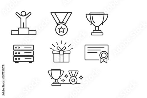 A collection of black and white line icons representing success and achievement, including a winner's podium, medals, trophies, a gift box, a certificate, and a server rack.
