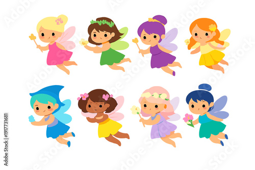 A collection of eight cute cartoon fairies with colorful hair and wings flying in various poses. Each fairy wears a different colored dress and holds a magical wand or flower.