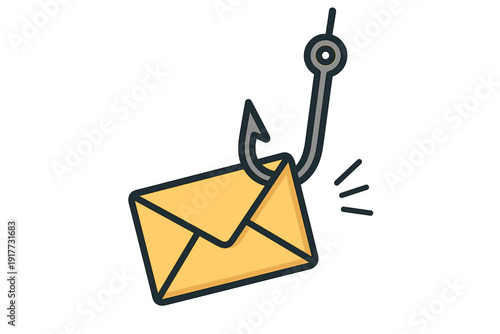 This flat vector illustration features a yellow envelope hooked by a fishing line, symbolizing an email phishing attack or cyber security risk on a dark background.