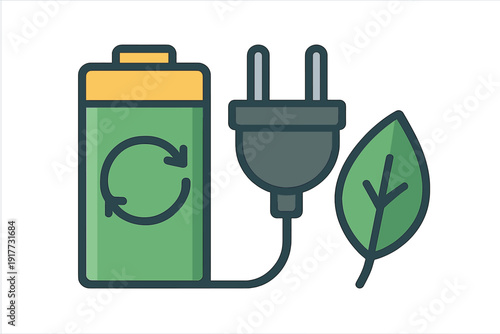 A flat illustration featuring a green battery with a recycling symbol connected to an electric plug next to a green leaf, representing sustainable and renewable energy concepts.