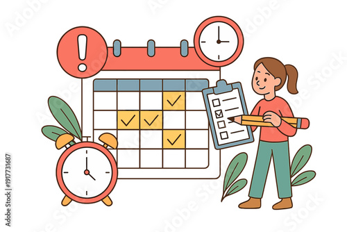 A cartoon illustration of a young woman organizing her schedule with a large calendar, alarm clock, and checklist. She holds a pencil and clipboard to manage her daily tasks efficiently.