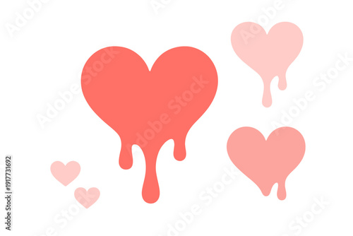 A collection of pink and coral melting heart illustrations with liquid drips on a solid black background. The set includes various sizes of hearts in a flat vector style.