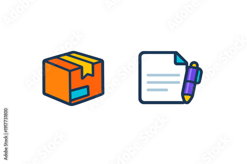 A colorful illustration featuring an orange cardboard box with yellow tape and a blue label next to a dark blue document icon with a purple pen on a black background.
