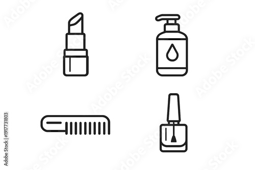 This set features four minimalist black line icons representing beauty and personal care products, including a lipstick, a pump bottle, a hair comb, and a bottle of nail polish.