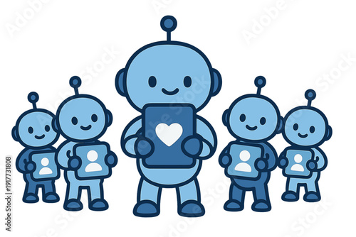 A group of five blue stylized robots are shown. The largest central robot holds a screen with a heart, and the smaller robots hold screens with person icons.