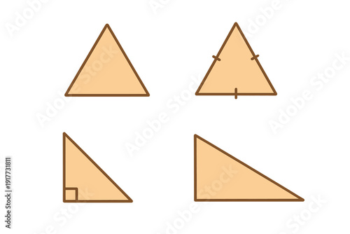 Photography This graphic displays four distinct geometric triangles with tan fills and dark borders against a black backdrop, showcasing equilateral, right-angled, and scalene variations