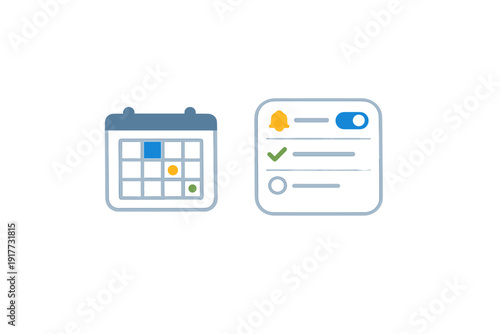 Free Download A flat illustration featuring a calendar icon with marked dates alongside a notification settings panel with a toggle switch, a checkmark, and a bell icon on a black background. - GFXLoad