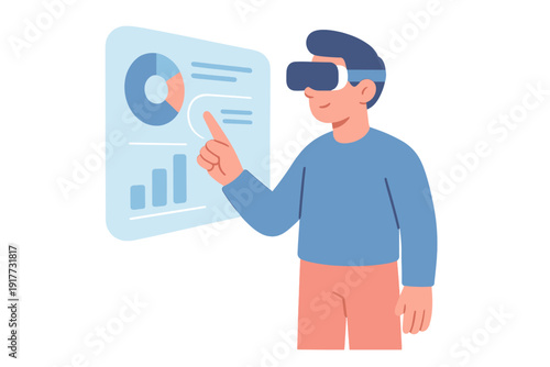 A person wearing a VR headset interacts with a floating digital interface displaying a pie chart and bar graphs in a flat illustration style on a dark background.
