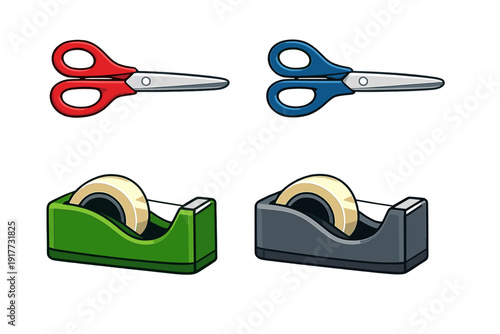 A set of office supplies including red and blue scissors alongside green and black tape dispensers, all presented in a clean vector illustration style against a solid black background.