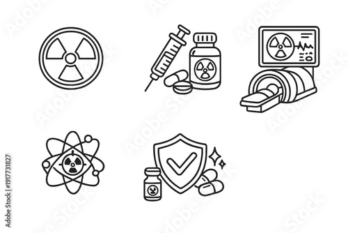 This set of five minimalist line icons features themes of nuclear medicine and radiation safety, showcasing a trefoil symbol, medical equipment, and atomic science concepts.