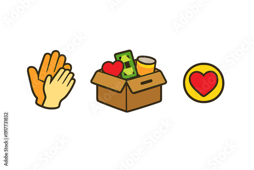 A set of three flat illustration icons on a black background depicting concepts of charity, including helping hands, a donation box with money and food, and a heart emblem.