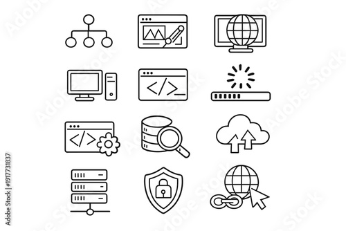 A collection of twelve white line icons on a black background representing web development, cloud computing, cyber security, database management, and internet technology concepts.
