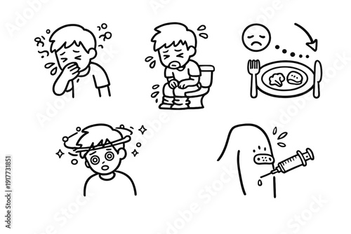 A collection of five black and white line art icons depicting various health symptoms including coughing, stomach issues, loss of appetite, dizziness, and a medical injection.