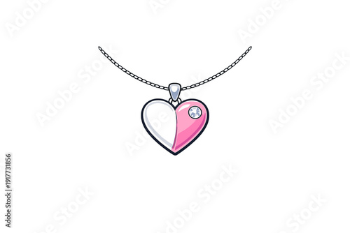 A heart-shaped pendant necklace featuring a split white and pink design with a small sparkling gemstone on one side, hanging from a dark chain against a solid black background.