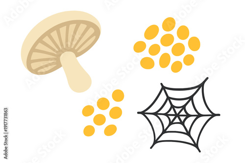 A stylized illustration featuring a mushroom with visible gills, two clusters of yellow pollen grains, and a white spider web set against a solid black background.