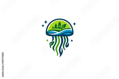 A stylized jellyfish illustration featuring a landscape with pine trees, leaves, and ocean waves inside its bell. The design uses green and blue tones on a black background.
