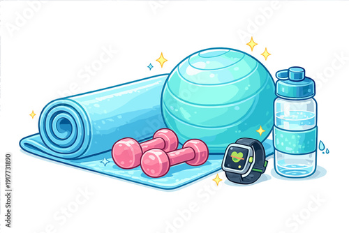 A collection of fitness equipment including a blue yoga mat, an exercise ball, pink dumbbells, a smartwatch, and a water bottle in a bright cartoon illustration style.