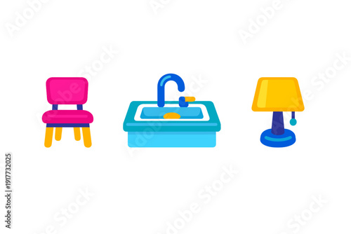 A collection of three colorful household icons featuring a pink chair, a blue kitchen sink with a faucet, and a yellow table lamp, all set against a solid black background.
