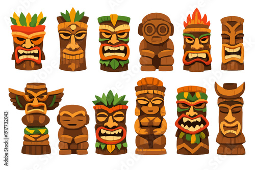 A collection of twelve colorful tiki masks and statues arranged in two rows against a black background. The wooden carvings feature various expressions, tribal patterns, and vibrant leaf accents.