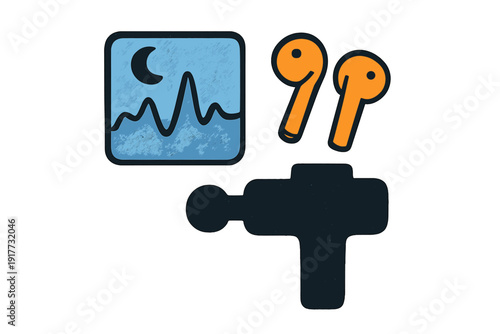 This graphic illustration displays a blue sleep tracker icon with a moon, a pair of orange wireless earbuds, and a black massage gun silhouette against a dark backdrop.