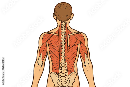 An anatomical illustration showing the posterior view of a human male torso, highlighting the muscular structure of the back, shoulders, and arms along with the spinal column and pelvis.