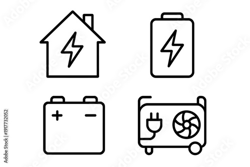 A set of four minimalist line icons representing energy sources, including a house with a lightning bolt, a power bank, a car battery, and a portable electric generator on a dark background.