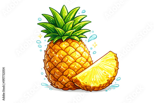 A vibrant digital illustration of a whole pineapple and a fresh slice, featuring sparkling details and water droplets against a solid black background for a high contrast effect.