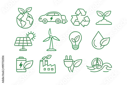 A collection of twelve green line art icons representing ecology and renewable energy concepts, including solar panels, wind turbines, and recycling symbols on a black background.