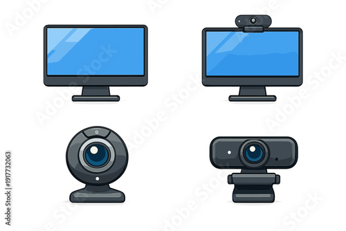 A collection of four digital icons featuring computer monitors and webcams. The set includes a standalone monitor, a monitor with a camera, and two different webcam designs.