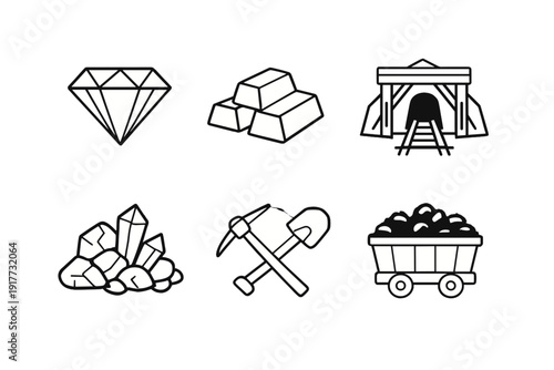 Six minimalist white icons related to mining and geology set against a black background, including a diamond, gold bullion, mine shaft, crystals, tools, and a cart.