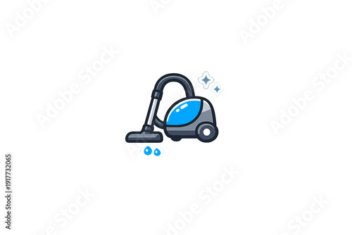 This sticker-style graphic shows a blue canister vacuum cleaner with a hose and nozzle. It includes decorative water drops and sparkles, set against a solid black background.