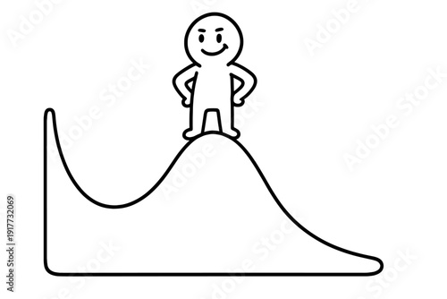 A minimalist black and white line drawing depicts a smiling character standing confidently with hands on hips at the peak of a curved hill or statistical graph.