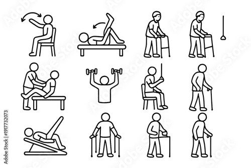 A collection of twelve minimalist line icons depicting various physical therapy exercises, rehabilitation techniques, and mobility aids for patients recovering from injuries or surgery.