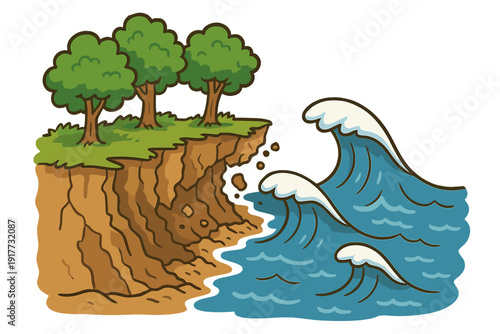 This cartoon illustration depicts coastal erosion as powerful ocean waves crash against a dirt cliff, causing soil and rocks to fall into the water beneath green trees.