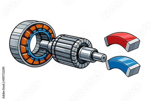 An illustration showing the internal components of an electric motor, including a stator with copper coils, a cylindrical rotor, and two curved magnets on a black background.