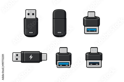 This set of six stylized icons features different types of USB adapters and flash drives. The illustrations show USB-A and USB-C connectors with a sleek dark gray finish.