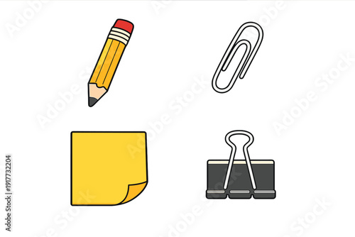 A collection of four office supply icons including a yellow pencil, a silver paperclip, a yellow sticky note, and a black binder clip, all set against a solid black background.