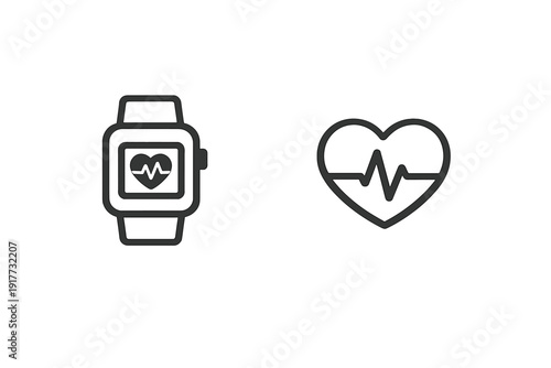 This graphic shows a digital smartwatch with a heart rate monitor on its screen next to a large heart icon containing an electrocardiogram pulse line on a black background.