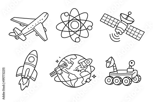 A collection of six white line-art icons on a black background featuring an airplane, an atom, a satellite, a rocket, the Earth with orbiting objects, and a lunar rover vehicle.