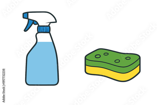 A digital illustration featuring a blue spray bottle filled with liquid and a two-toned green and yellow sponge. Both items are isolated against a solid black background.