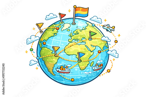 A colorful cartoon illustration of planet Earth featuring various travel routes, flags, cargo ships, and an airplane, representing global logistics and international connectivity.