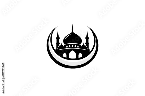A minimalist black and white illustration featuring a white crescent moon cradling a dark mosque silhouette with a dome and minarets against a solid black background.