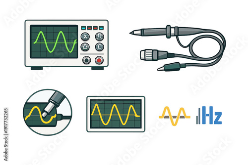 This set of illustrations shows an oscilloscope with a green waveform, a test probe with a BNC connector, a circuit board close-up, and a frequency symbol on a dark background.