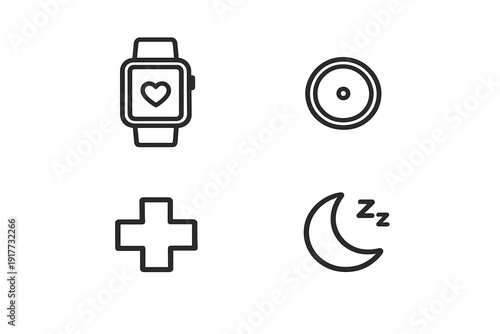 A collection of four minimalist black line icons representing health and wellness, including a smartwatch with a heart, a circular target, a medical cross, and a sleep moon icon.