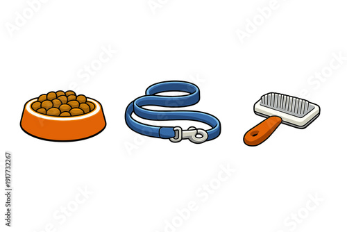 A cartoon illustration featuring three essential pet care items: an orange bowl filled with kibble, a blue coiled leash with a metal clip, and a grooming brush with a brown handle.