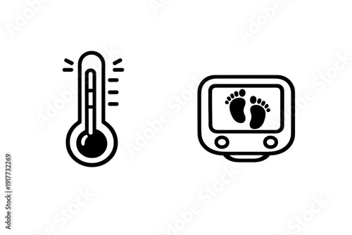 This minimalist line drawing depicts a modern smartwatch with a square digital face and a flexible strap, shown as a clean white outline on a solid black background.