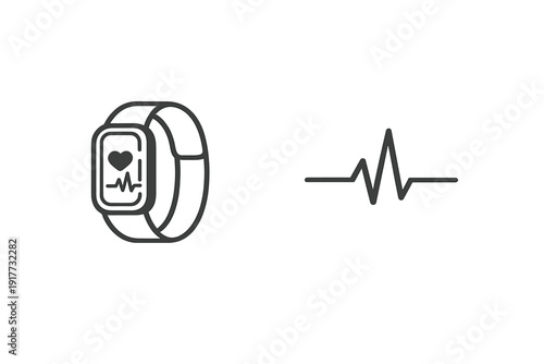 This minimalist line art graphic shows a smartwatch displaying a heart icon and pulse wave next to a larger electrocardiogram line, representing health and fitness tracking.