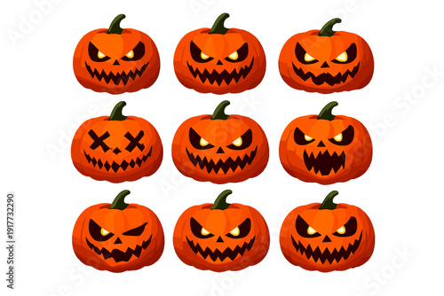 Nine orange carved pumpkins with different spooky faces are displayed in a grid on a black background. The pumpkins feature glowing eyes and sharp, toothy grins for Halloween.